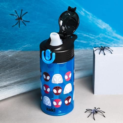 Zak Designs Sage Marvel Spider-Man Water Bottle For School or Travel, 16oz Durable Plastic Water Bottle With Straw, Handle, and Leak-Proof, Pop-Up Spout Cover (Spidey and His Amazing Friends) — view 9