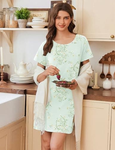 Ekouaer Nightgowns for Women Cotton Sleepshirts Short Sleeve Nightshirt Tshirt Night Gown Casual Sleepdress Comfy Nightdress Light Green Floral X-Large — view 2