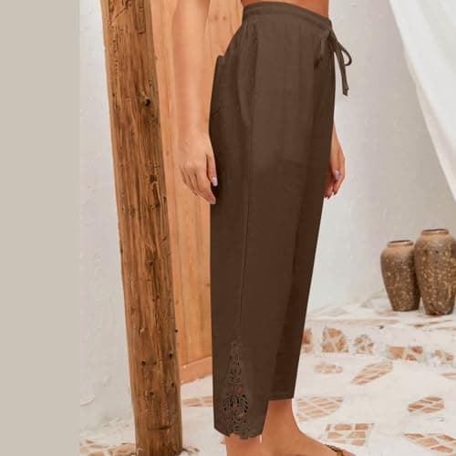 TXGMNA Womens Summer Linen Capri Pants 2026 Fashion Lace Embroidery Splicing Lightweight Boho Beach Capris with Pocket Coffee — view 2