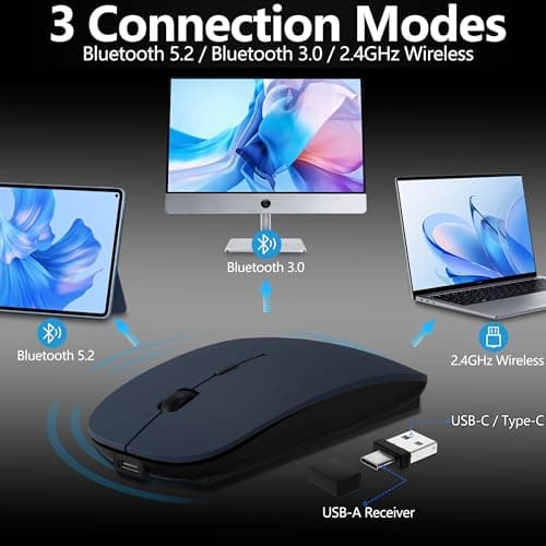 Kenvala Wireless Mouse for MacBook & iPad, Bluetooth 5.2/3.0 & 2.4G USB-C/USB-A, Rechargeable Silent Slim Mouse with Multi-Device Switching & Activity Mode to Prevent Screen Lock - Blue