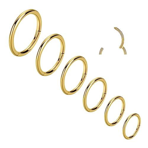 6pcs Hypoallergenic Nose Rings 20G 18G 16G 316L Surgical Steel Earrings Tragus Septum Piercing Nose Hoop Lip Rings Helix Cartilage Rook Earrings for Women Men 6/7/8/9/10/12mm (6PCS 16G Gold)