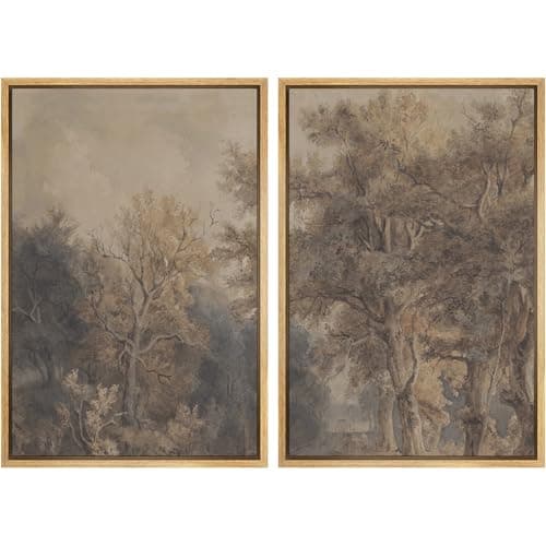 SIGNWIN Framed Canvas Print Wall Art Set Vintage Tree Sketch Classic Sepia-Toned Forest Illustrations Modern Art Scenic Colorful for Living Room, Bedroom, Office - 24"x36"x2 Natural