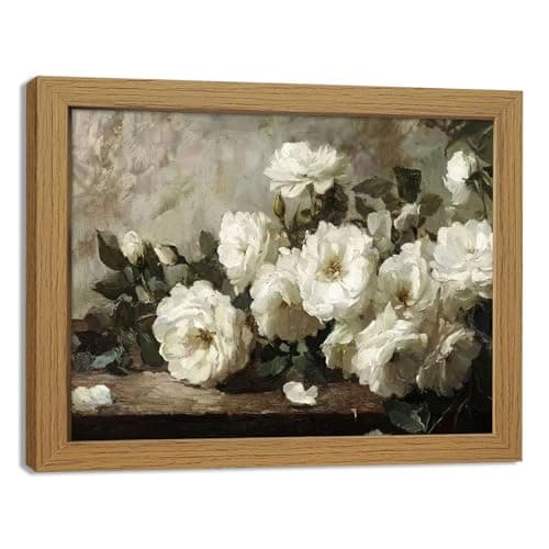 Moarmxiy Vintage Flowers Wall Art, White Rose Canvas Printed Prints Wall Gifts for Friends or Family, Oil Picture Home Decor Wall Decor for Living Room Hallway, Bedroom Office 16x 12inch Wood Frame