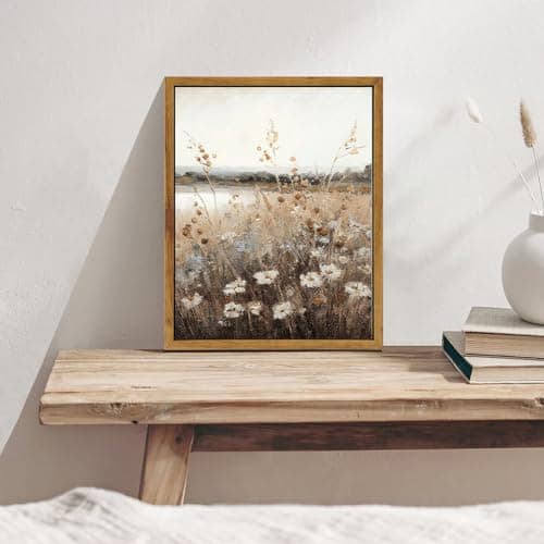 KBKBART Vintage Wall Art Framed, Retro Countryside Autumn Wildflower Field Landscape Canvas Painting Farmhouse Decor Wall Art, Rustic Fall Landscape Bathroom Wall Decor for Bedroom Living Room, — view 4