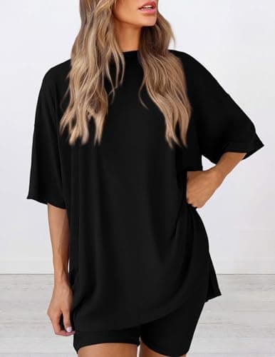 PRETTYGARDEN Women 2 Piece Lounge Set 2026 Summer Casual Oversized Shirts Biker Shorts Matching Airport Travel Outfit Clothes (Black,Small) — view 3