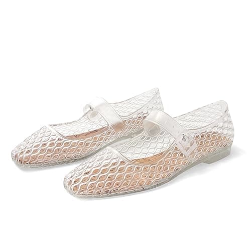 DOEYG Jelly Mary Ballet Flats for Women Jelly Sandals Shoes Women Beach Jellies Mary Jane Flats Ballerina Shoes, Jelly Clear, 9