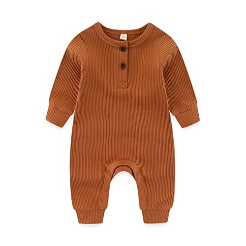 Newborn Baby Boys Girls One Piece Romper With Mitten Cuffs 3 Pack Long Sleeve Ribbed Button Jumpsuit Outfit Clothes blue+green+tan 6 months — view 2