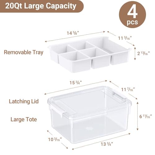 HOMETUK 80Qt Stackable Storage Bins with Lids & Trays, Clear Plastic Latching Boxes Organizers with Dividers Portable 20Gal Containers for Arts & Crafts, Home and Car Trunk Organization, 4Pack