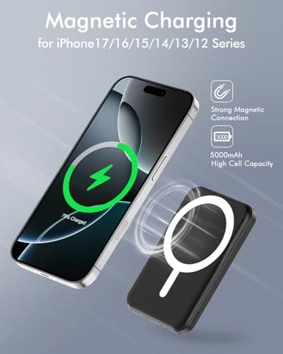 podoru for Magsafe Battery Pack, 5000mAh Magnetic Power Bank with Type-C Cable 20W PD Fast Charging Lighting Input Wireless Portable Charger for iPhone 17/16/15/14/13/12/ All Series-Black — view 2