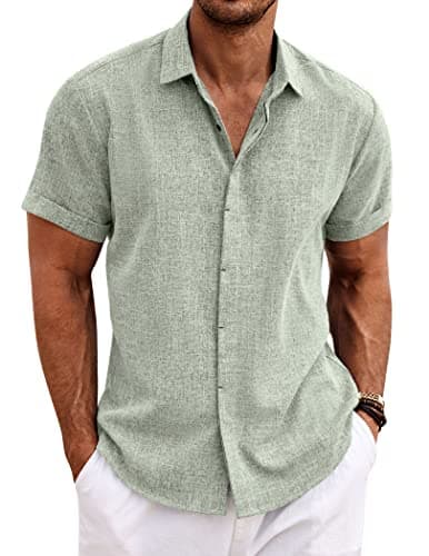 COOFANDY Men's Linen Shirts Short Sleeve Casual Shirts Button Down Shirt for Men Beach Summer Wedding Shirt, Light Green, X-Large