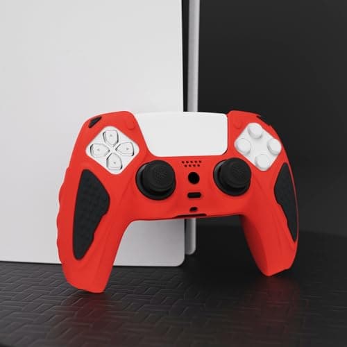 PlayVital Knight Edition Passion Red & Black Two Tone Anti-Slip Silicone Cover Skin for ps5 Controller, Soft Rubber Case for ps5 Wireless Controller with Thumb Grip Caps — view 2
