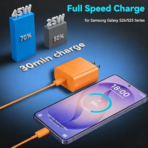 45W Super Fast Charger USB Type C Charger Cord 6.6FT with Android Phone Charger Fast Charging Block for Samsung Galaxy S25/S25 Ultra/S25+/S24 Ultra/S24/S24+/S23 Ultra/S23/S22/S20/S21/Note 10/20,Orange — view 3