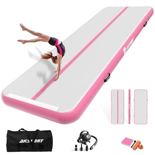 AKSPORT 10ft 13ft 16ft 20ft Air Track Tumbling Mat for Gymnastics Inflatable Airtrack Floor Mats with Electric Air Pump for Home Use Cheerleading Training (Light Pink, 10x3.28x0.33ft)