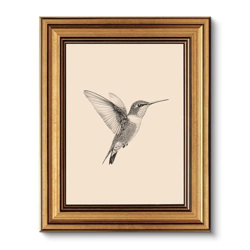 VIYYIEA Vintage Gold Framed Wall Art, Sketch Birds Canvas Painting, Cute but Exquisite Wall Decor, No Glass No Glare, Suitable for Bedside Tables, Foyer, Bookshelves,【Hummingbird】-10L x 8W