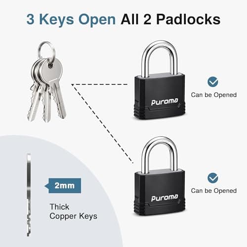 Puroma Lock Heavy Duty Keyed Padlock with 3 Keys Alike, 1-2/3 Inch Outdoor Anti-Cut Shackle Locker Lock for Gates, Fences, Sheds, Gym Lockers, Hasp Cabinets, Toolboxes (Black, 2 Pack) — view 4
