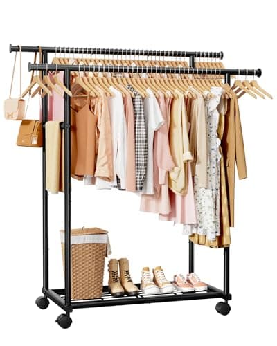 Sakugi Clothing Rack - Double Rod Coat Rack with Fixed Extension Bar, Built-In Mesh Shelf & Lockable Wheels, Multi-Purpose Clothes Rack for Bedroom, Laundry, Entryway, 98cm x 42cm x 150cm, Black
