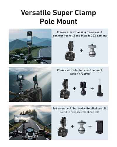 TELESIN Camera Clamp Mount Handlebar, Dual 360 Ball Head Gripper Go pro Bike Mounts Motorcycle Accessories for DJI Osmo Pocket 4 3/ DJI Action 6/Action 5 Pro/Osmo Nano/Hero 13 12 11 10 9/Insta360 X5 — view 2