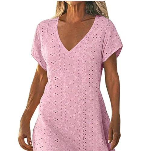 Frostluinai Vacation Dresses for Women 2026 Eyelet Dresses for Women Summer Short Sleeve V Neck Maxi Dress Loose Comfy Flowy Swing Beach Sundress Pink — view 5