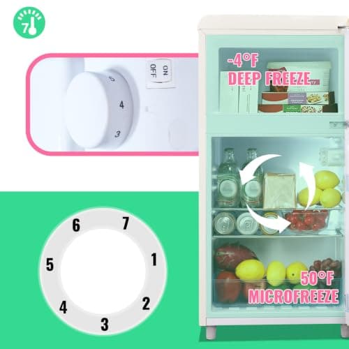 DEMULLER 100L Retro Mini Fridge with Freezer Dual Doors & Handles Compact Refrigerator with 7 Thermostat Control Freestanding Small Fridge with LED Light Cream — view 4
