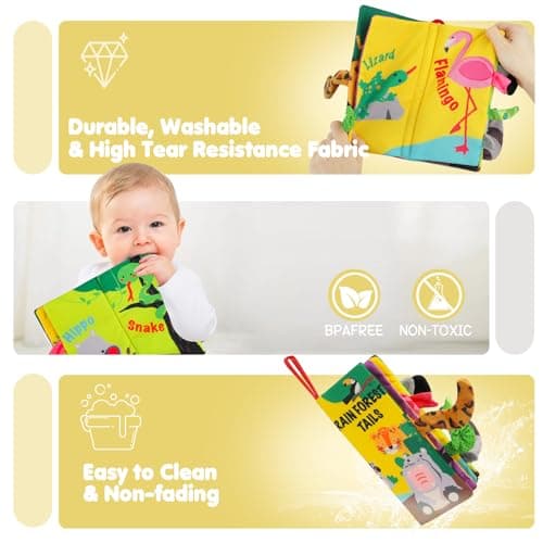 beiens Soft Toys Baby Cloth Books, Touch and Feel Crinkle Books for Babies, Infants & Toddler, Early Development Interactive Car Toys & Stroller Toys for Boys & Girls (Rainforest Tails-1 Book) — view 2