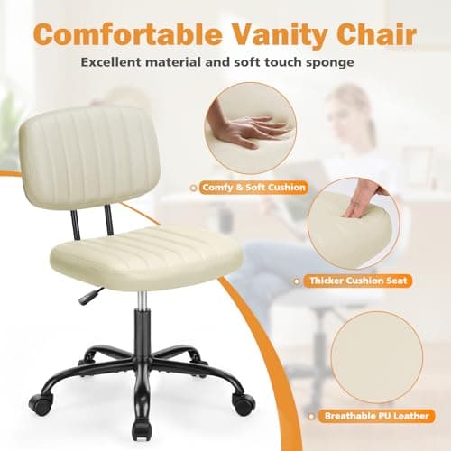 Sweetcrispy Small Office Desk Chair, Armless PU Leather Chair with Comfy Lumbar Support, Height Adjustable Rolling Swivel Task Chair for Adult, Student, Home, Vanity, Beige — view 3