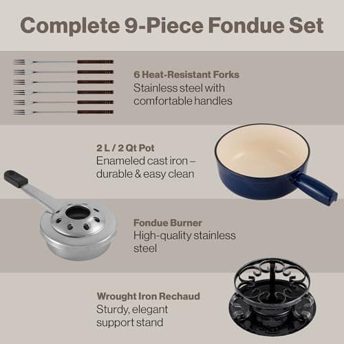 Swissmar Lugano Cast Iron Cheese Fondue Set, 9-Piece, 2 QT / 2 L - Ideal for Melting Cheese, Chocolates, Caramel, & More - Perfect for Kitchen Collection & Gift Giving - Deep Blue — view 4