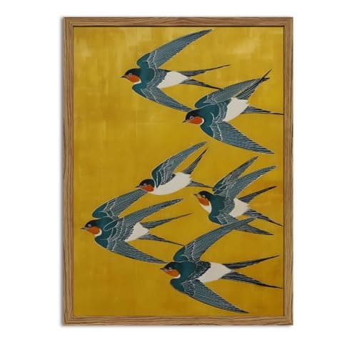 Vintage Japanese Bird Wall Art, Japan Swallow Wall Decor Painting Cottage Animal Poster Canvas Prints Picture for Bedroom Living Room Farmhouse 12x16 inch Wood Framed