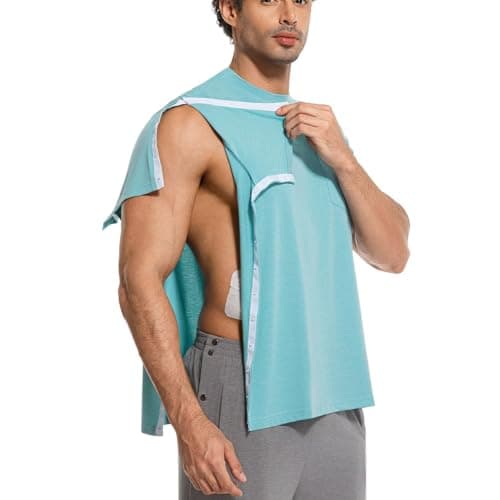RefindWin Mens Post Shoulder Surgery Shirt Short Sleeve Tear Away Shirts Adaptive Clothing Men Chemo Port Shirts Cyan XL