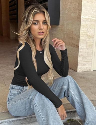 Ekouaer Womens Long Sleeve Shirts Crew Neck Stretch Fitted Underscrubs Basic Top Black M — view 3