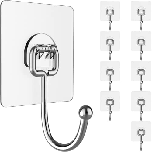 Large Adhesive Hooks for Hanging Heavy-Duty 44Ib(Max) 10 Packs, Wall Hooks Without Nails Self-Adhesive Traceless Clear and Removable, Waterproof and Rustproof Multiple Uses Bathroom Kitchen Home