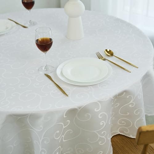 Marina Decoration Home Decor Jacquard Waterproof Thick Elegant Soft Premium Solid Damask Scroll Decorative Kitchen Table Cloth Liquid Repellent Stain Resistant Tablecloth, White Color Round 70 Inch — view 2