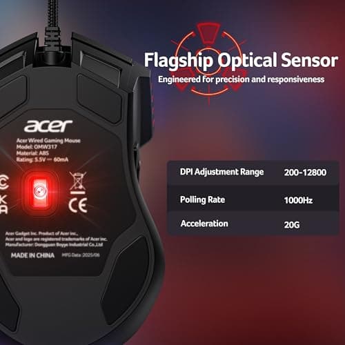Acer Wired Gaming Mouse, 12800 DPI RGB Computer Mouse with High Optical Sensor, Ergonomic Mouse Customized 6 Programmable Buttons, 12 Backlights, and Rapid Fire Button with Driver for Laptop, PC, Mac