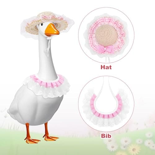Porch Goose Pastoral Style Outfit, Summer & Autumn Goose Statue Suit with Hat & Bib Countryside Pet Cat Dog Costume Clothes for Lawn Concrete Statue Garden Patio Yard Accessories Pet (Pink) — view 2