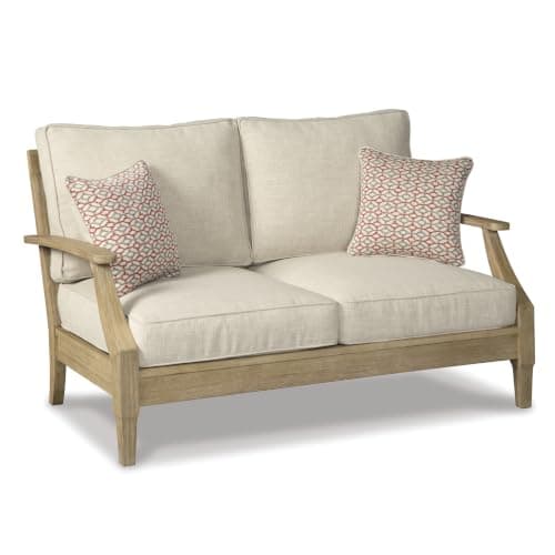 Signature Design by Ashley Clare View Eucalyptus Wood Outdoor Loveseat, Patio Couch with Nuvella Cushions, 56" W x 35" D x 32" H, Beige