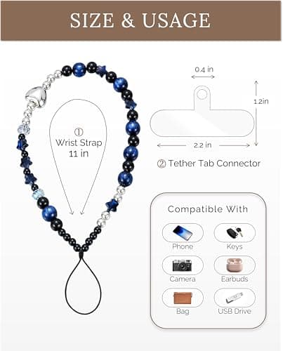 TRBR Star Phone Charm Wrist Strap, Beaded Lanyard Wristlet Chain, Anti-Theft Bracelet Strap for iPhone & More Cases (Midnight) — view 4