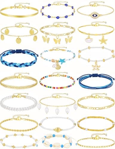 17KM 21PCS Gold Ankle Bracelets for Women, Boho Shell Bead Cuban Link Chain Waterproof Gold Anklets Set, Adjustable Layered Anklets for Women Beach Jewelry Gift