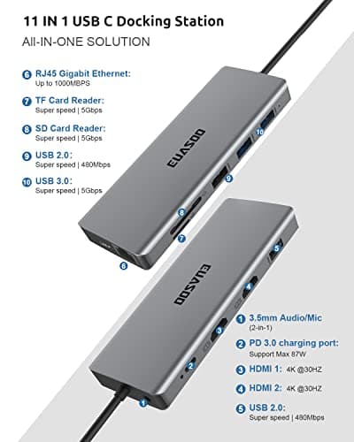 EUASOO 11 in 1 Triple Display USB C Docking Station with Dual 4K HDMI, 1000Mbps Gigabit Ethernet, PD 3.0, 4 USB Ports for MacBook, MacOS Only Support Mirror Mode