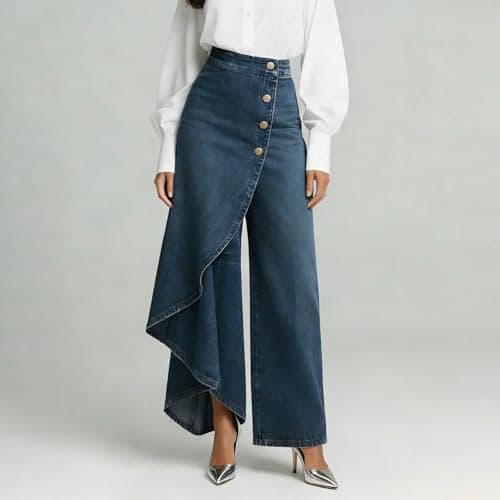 Wide Leg Jeans Woman High Waisted Asymmetrical Baggy Trendy Business Casual Denim Pant Button Ruffle Spring Outfits S-3XL Blue — view 6