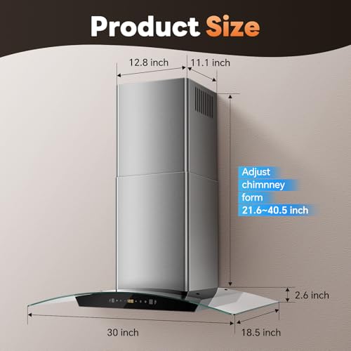 Range Hood 30 Inch, Tieasy Wall Mount Kitchen Hood with Ducted/Ductless Convertible Duct, Stainless Steel Chimney and Baffle Filters, Touch Control Fan Timer, LED Lights, 3 Speed Fan — view 4