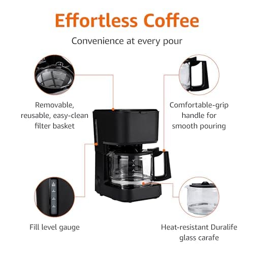Amazon Basics 5 Cup Drip Coffee Maker with Glass Coffee Pot (0.8 Qt), Auto Shut-off, Auto Pause, Removable Filter Basket, Matte Black