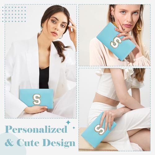 Small Personalized Initial A-Z Preppy Patch Makeup Bag,PU Chenille Letter Travel Cosmetic Pouch with Zipper,Blue Cute Toiletry Bag,Gift Ideal for Teen Girls Women Teacher Bridesmaid,Letter S — view 3