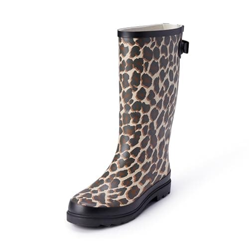 Amazon Essentials Women's Waterproof Tall Rain Boot with Adjustable Buckle, Leopard, 8