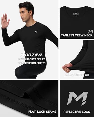 Moozava Men's Compression Shirt Long Sleeve Gym Football Running Gear Base Layer Thermal Fit Undershirt UV Sun Rash Guard Black M — view 3