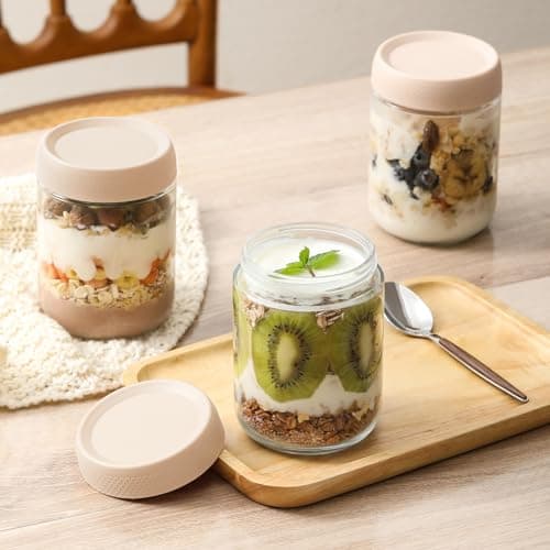 NETANY 6-pack 16oz Glass jars with Airtight Lids, Overnight Oats Containers with Lids, Wide mouth Mason Salad jars, Glass Food Storage Containers for Snacks Yogurt Spice Sugar-Beige — view 5