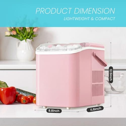 KMFurnila Ice Makers Countertop, Portable Ice Machine with Handle, 6 Mins 9 Bullet Ice Cubes with Basket and Scoop, 26lbs in 24Hrs, Auto-Cleaning, for Home, Kitchen, RV, Camping, Pink — view 3