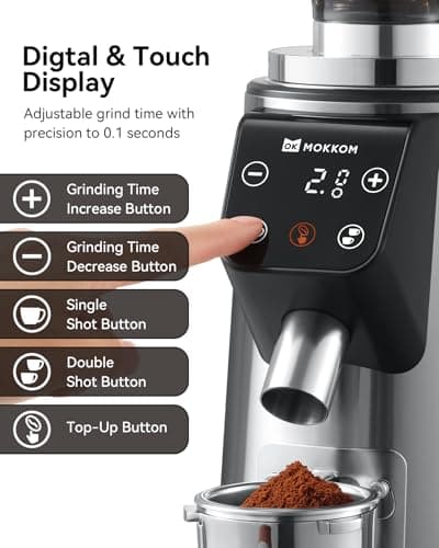 MOKKOM Professional 64mm Flat Burr Coffee Grinder with 100 Grind Settings, All-Metal Stainless Steel Body, Coffee Bean Grinder with Adjustable Electronic Timer, Anti-Static, LED Display — view 5