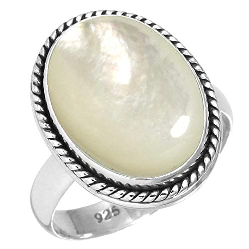 JEWELOPORIUM White Mother Of Pearl Silver Ring Size 7.5, 925 Sterling Silver Ring for Women, Natural Chunky Oval Gemstone Boho Jewelry
