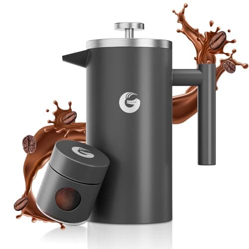 Coffee Gator 304 Grade Stainless Steel French Press Coffee Maker 34 oz, Double Wall Insulated Hot Cold Brew Teapot with 4-Level Filtration System, Include Travel Jar Canister, Kitchen, Gray — view 3