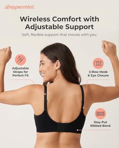 SHAPERMINT Wireless Bras for Women - Seamless Bralette with Full Support & Adjustable Straps, Plus Size Comfort Bra, No Underwire Wirefree Womens Bra for Full Coverage Black — view 6