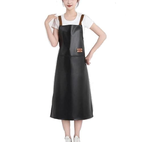 GEMBITYFUL Black Waterproof Apron Large Pocket PU Material Waterproof Oil-proof Dust-proof Apron Slim Apron Length 38.6 inch